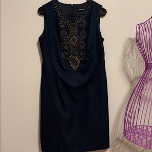Ellen Tracy Navy Dress with Embellished Neckline